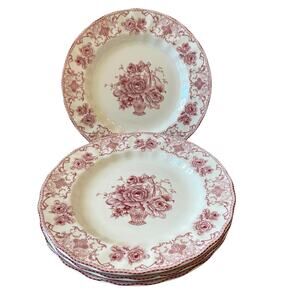 4pc Palate & Plate Victorian RED Rose Floral 10.5" Dinner Plates Scalloped New
